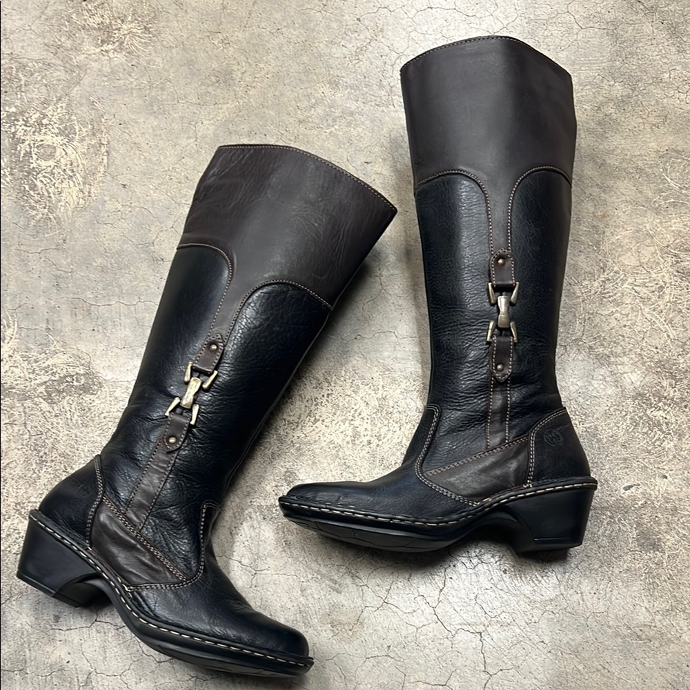 Black and Brown Heeled Leather Boots with Chunky Heel